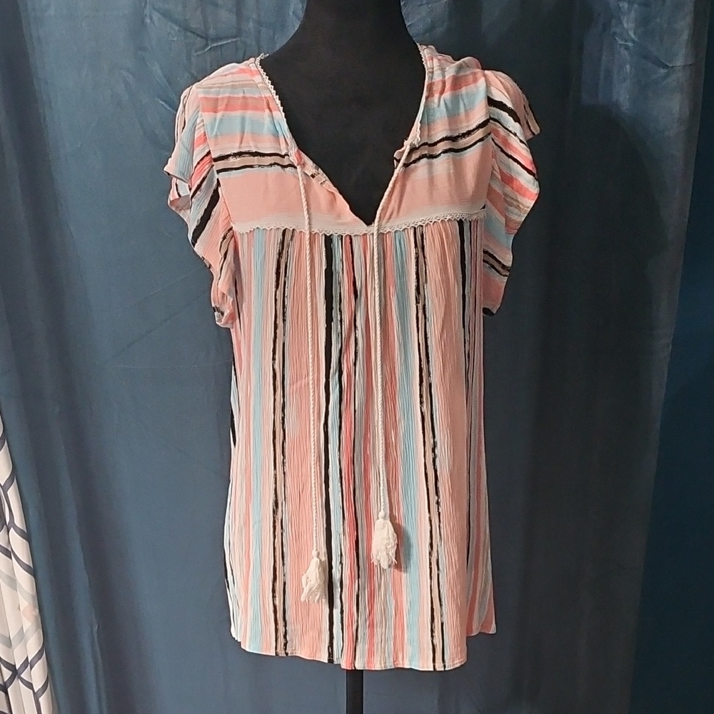 Suzanne Betro Multicolor Striped Ruffle Sleeve Blouse